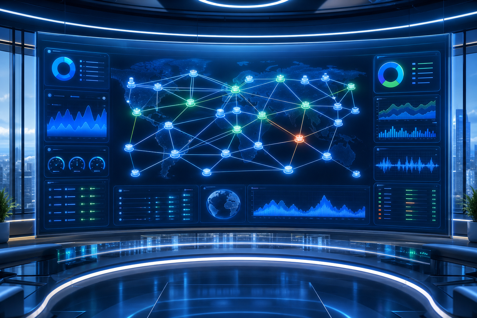 Centro de monitoreo NOC con topología y telemetría