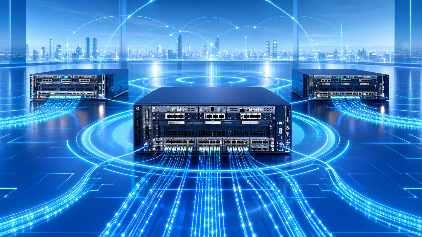 Infraestructura futurista de routers Service Provider interconectados por fibra óptica