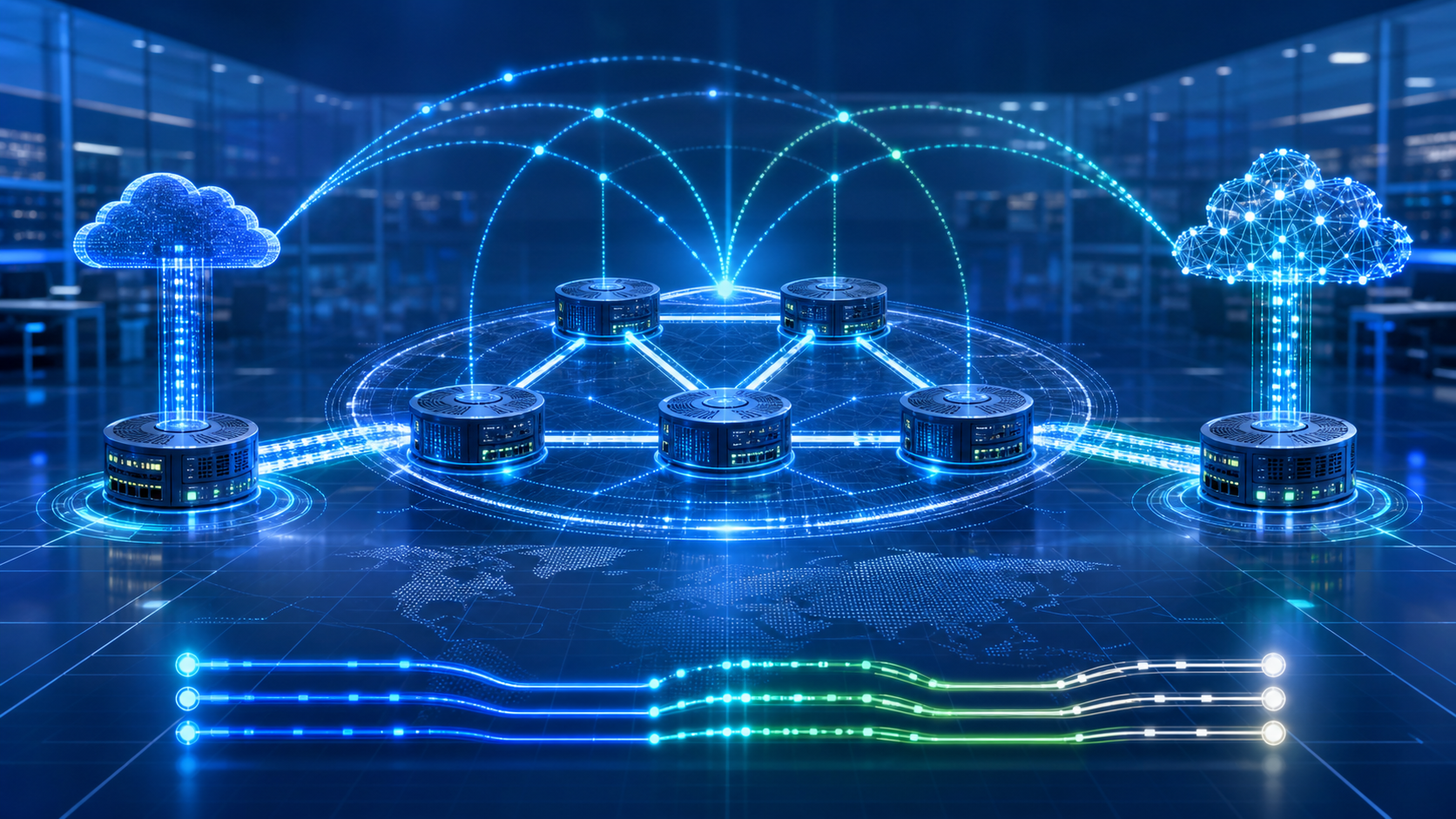 Topología futurista de red MPLS con routers de borde, core redundante e interconexión cloud